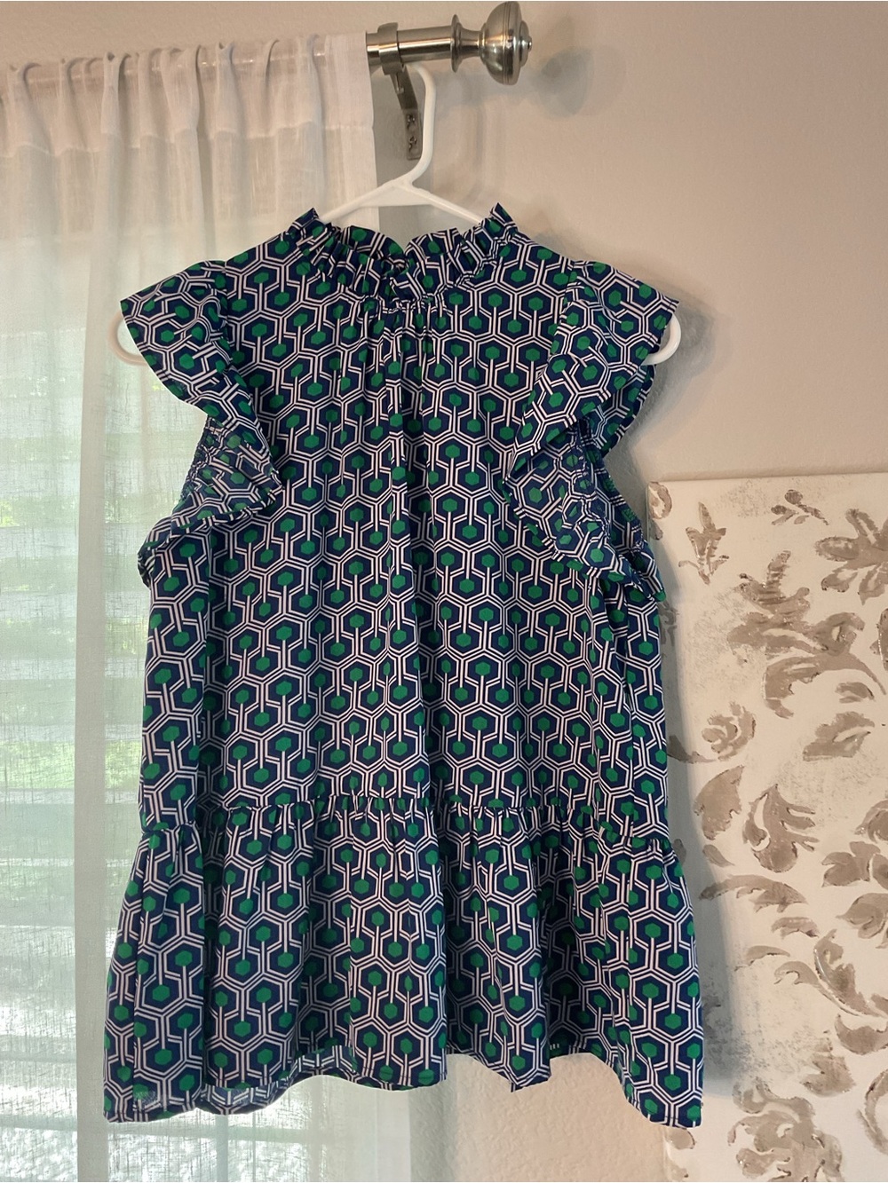 THML Navy, Green & White Geometric Ruffle-Sleeve Tunic